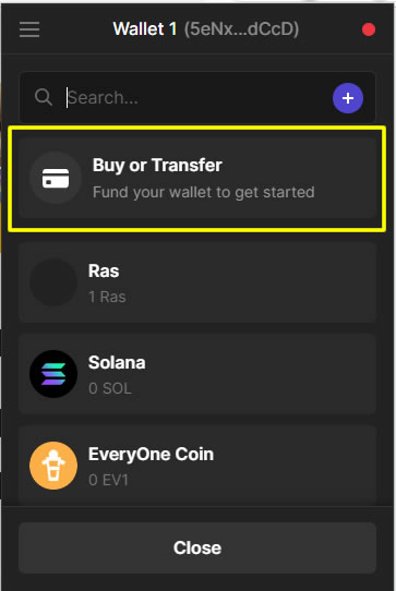 Buy or Transfer button in the Phantom Wallet
